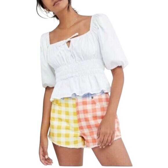 Anthropologie X Farm Rio Gingham Color Block High Waist Shorts Size M - Picture 1 of 14